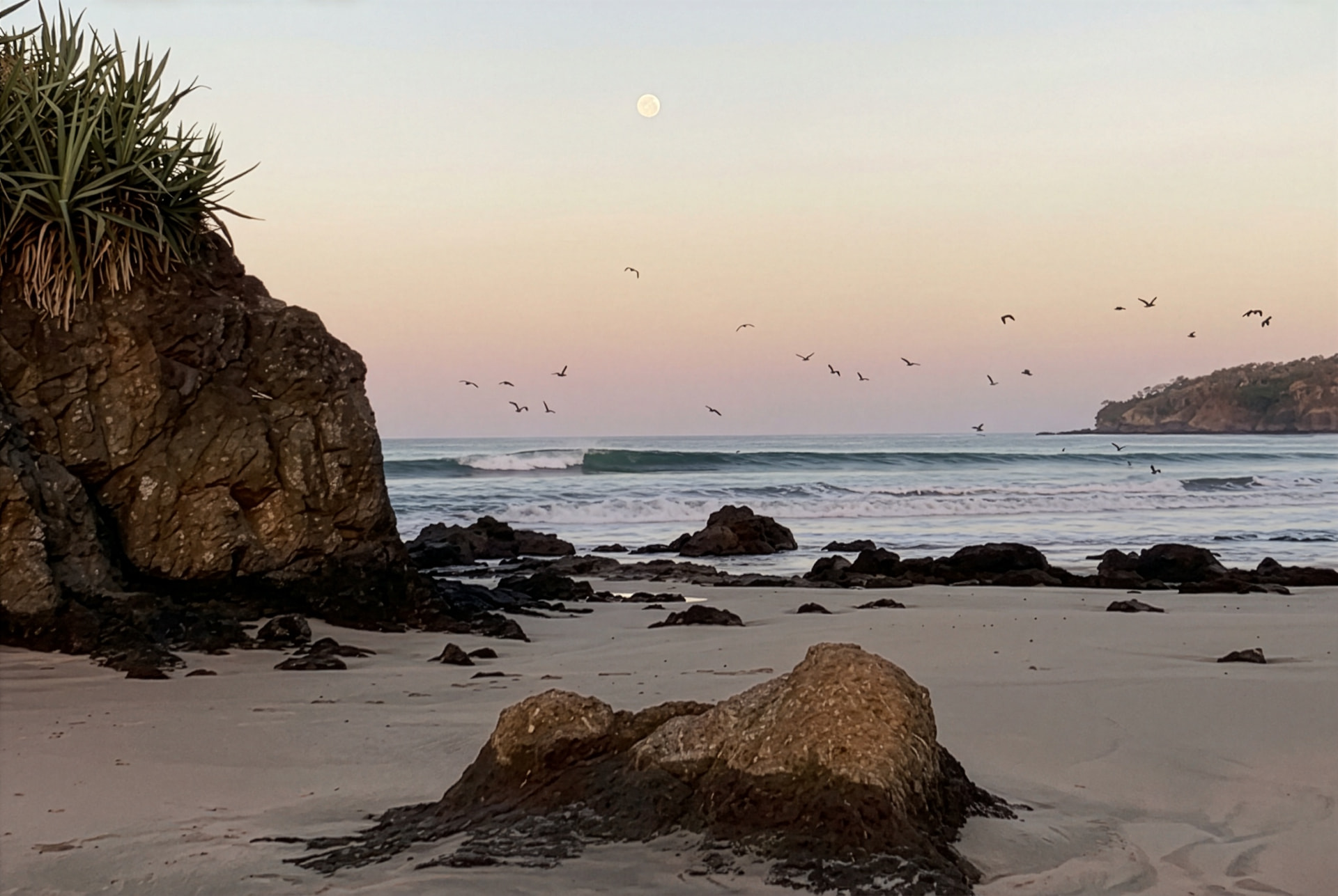 A tranquil shoreline at golden hour with a full moon and birds in flight