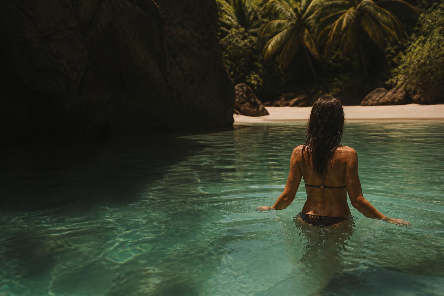 Woman wading into clear tropical water